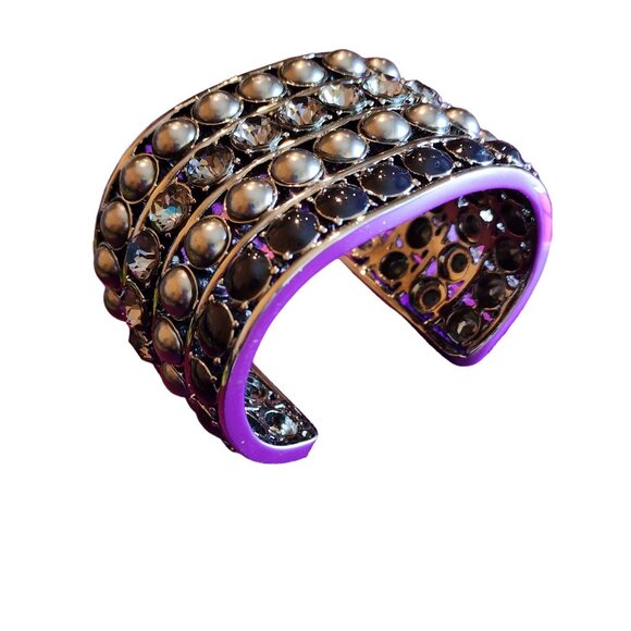 Vintage St. John Signed Heavy Grey Pearl and Rhinestone Hematite Cuff Bracelet - Picture 2 of 8